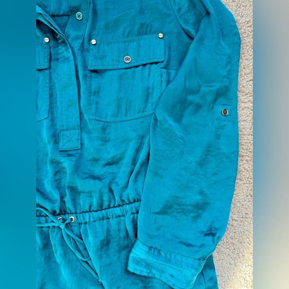 Michael Kors Blue-Green Teal Button Up Utility Shirt Top | Vintage Sheer Blouse - Picture 10 of 13